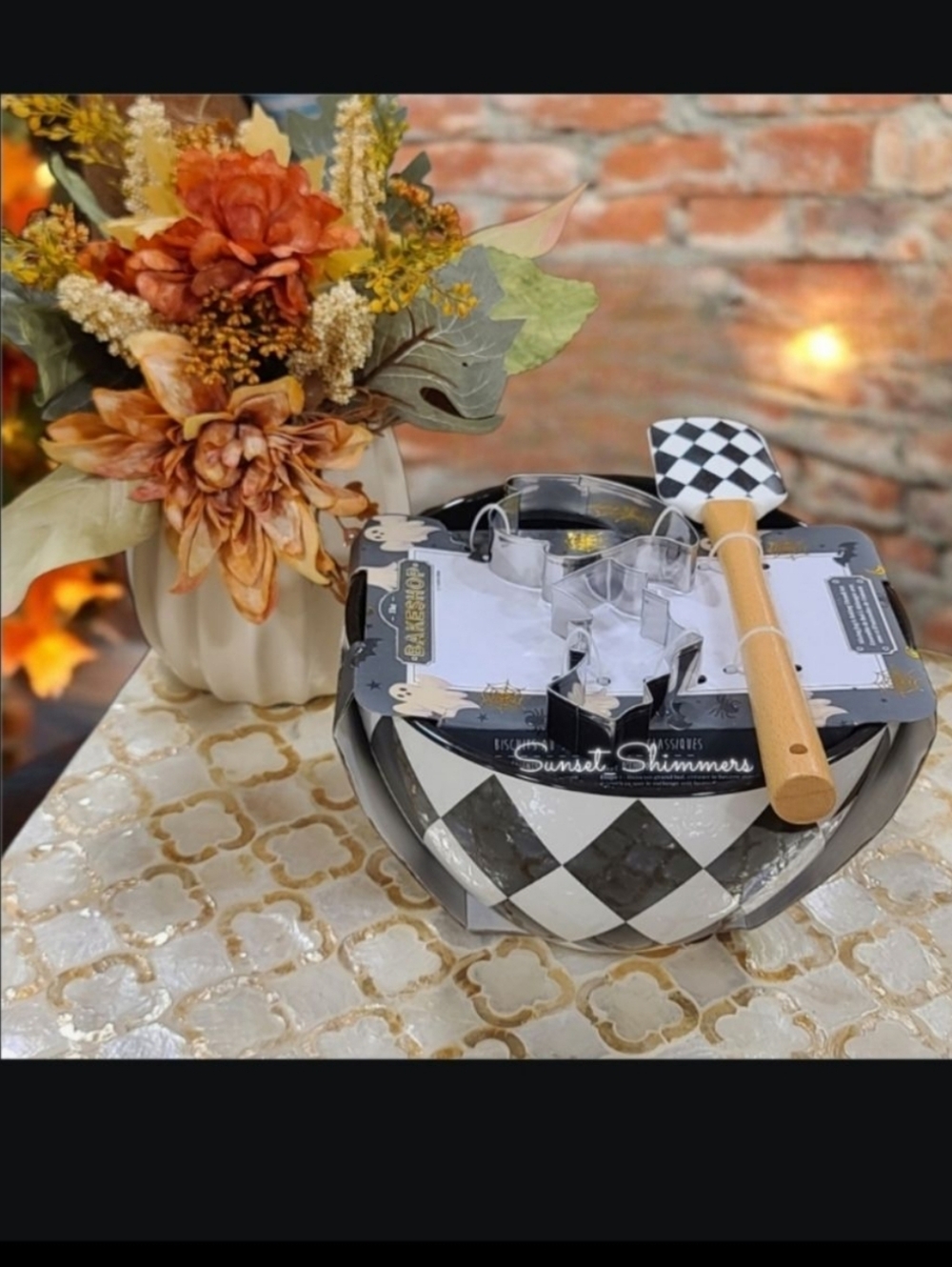 Bakeshop Mackenzie Style Black White Harlaquin Mixing Bowl Spatula Cookie Cutter